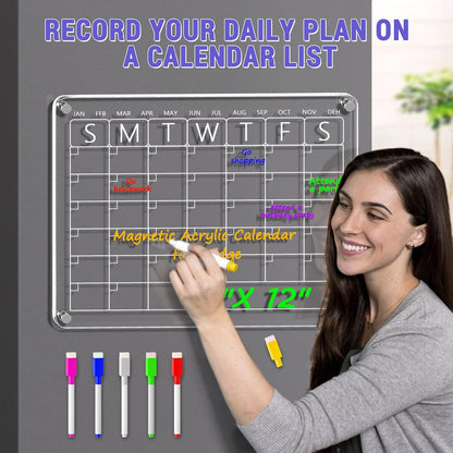 Acrylic Meal Planner Magnetic Menu Board for Kitchen Fridge, 13"x9" Clear Weekly Calendar Planning Board Noteboard Refrigerator Dry Erase Board to Do/Grocery/Shopping Lis Includes 6 Markers