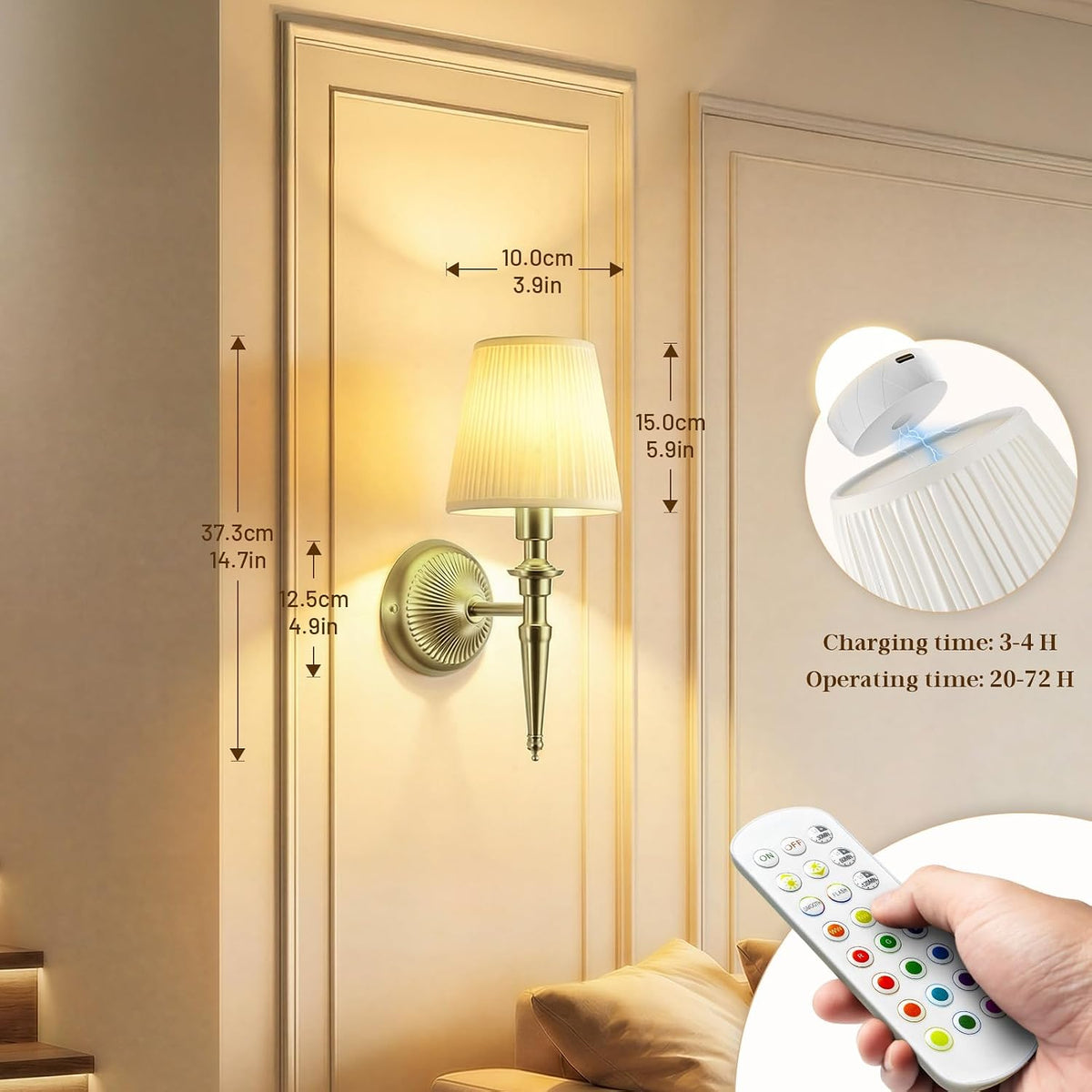 Battery Operated Wall Sconces Set of 2, Wireless Rechargeable Wall Lights with 12 RGB Colors and 3CCT Dimmable, Small Fabric LED Wall Lamps for Bedroom, Living Room, Hallway, Gold