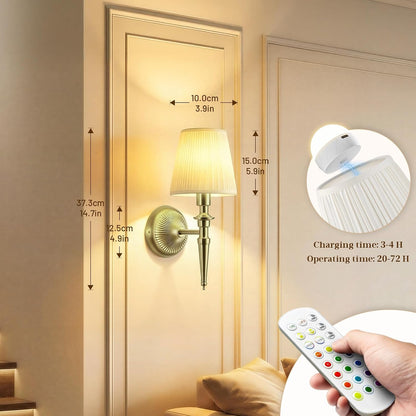 Battery Operated Wall Sconces Set of 2, Wireless Rechargeable Wall Lights with 12 RGB Colors and 3CCT Dimmable, Small Fabric LED Wall Lamps for Bedroom, Living Room, Hallway, Gold