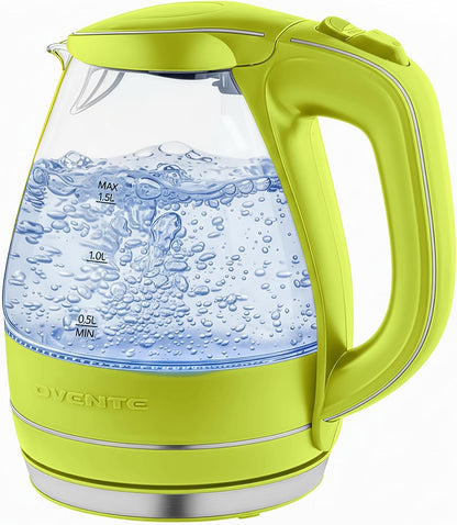 OVENTE 1.5L Glass Electric Kettle Water Boiler, Black KG83B | 1100W Fast Boiling, Borosilicate Glass, BPA-Free, Blue LED, Auto Shut-Off, Boil-Dry Protection, Removable Filter, 360° Base