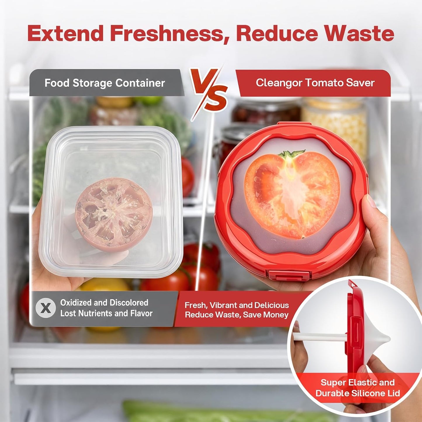 CLEANGOR Avocado Saver and Onion Saver, 4Pcs Fruit and Vegetable Savers | Silicone Food Saver with Snap-On Lid, Ideal for Avocados, Onions, Lemons, Orange and Tomatoes, Reusable, Dishwasher Safe