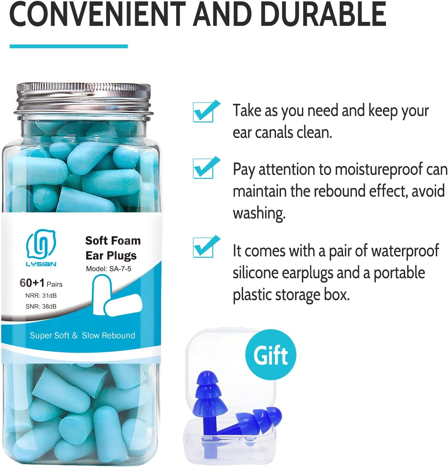 LYSIAN Foam Ear Plugs for Sleep, 60 Pairs, 38dB SNR, Purple | Ultra-soft noise reduction earplugs for snoring, shooting, study, work & travel; 38dB SNR, hearing protection