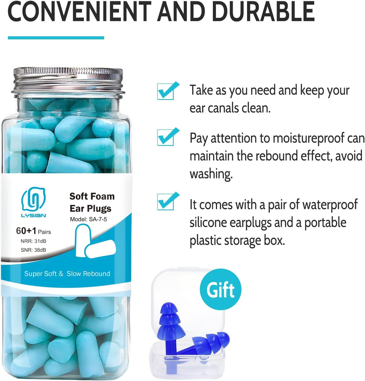 LYSIAN Foam Ear Plugs for Sleep, 60 Pairs, 38dB SNR, Purple
