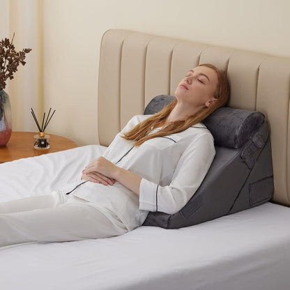 Bedluxe Wedge Pillow Headboard, 3PCS Orthopedic Bed Wedge Pillows Set for After Surgery, Adjustable Pillow Wedge for Acid Reflux&Back Pain Relief, Sleeping, Back Pillow for Bed Sitting Up, White/Grey