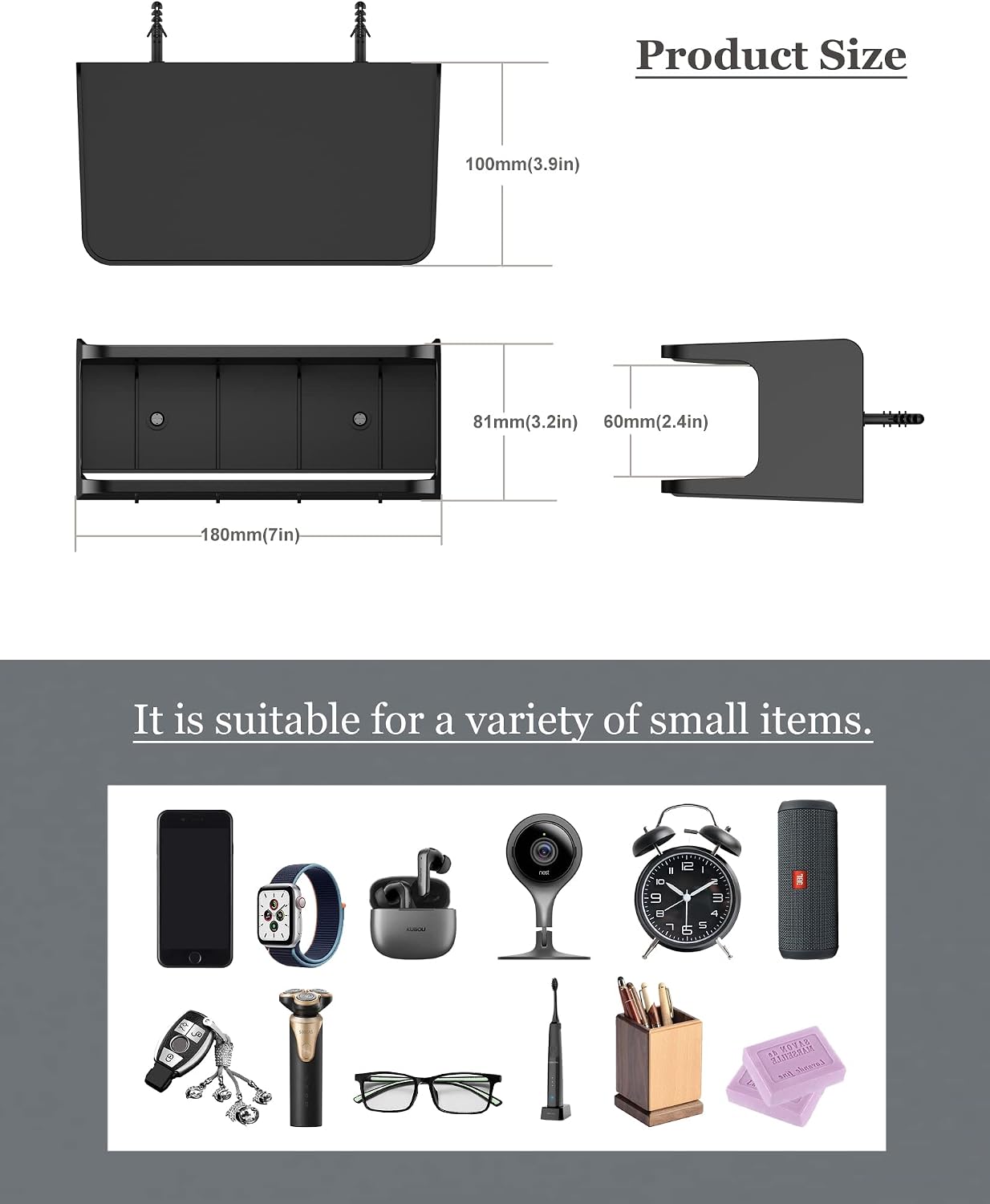 Bedside Wall Shelf Organizer, Small Bedside Shelf, (Black) | Wall Mount for Bed, Stick on Wall Shelf, Double Tray Holder for Storing Cellphone, Glasses, Keys, Camera , Alarm Clock