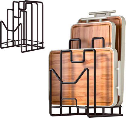 Multifunctional Cutting Board Organizer, Cutting Board Holder Rack Baking Cookie Pan Sheets Cooling Racks Storage Stand for Kitchen Cabinet -Divided Holder with 4 Slots (2PS Black)