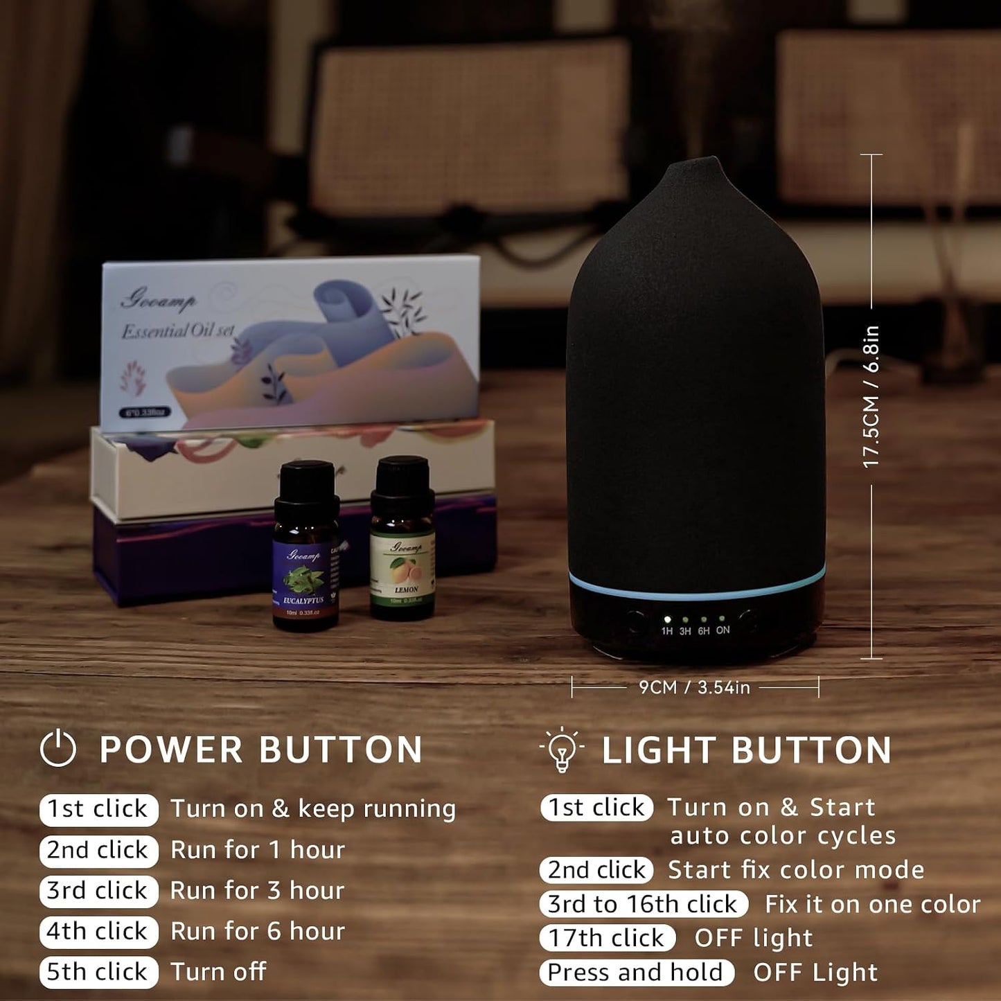 Gooamp 200ML Ceramic Essential Oil Diffuser for Home - Ultrasonic Aromatherapy Diffuser Humidifier with 7 Color LED Lights, Auto Shut-Off, 3 Timers for Bedroom, Office, Yoga, Black