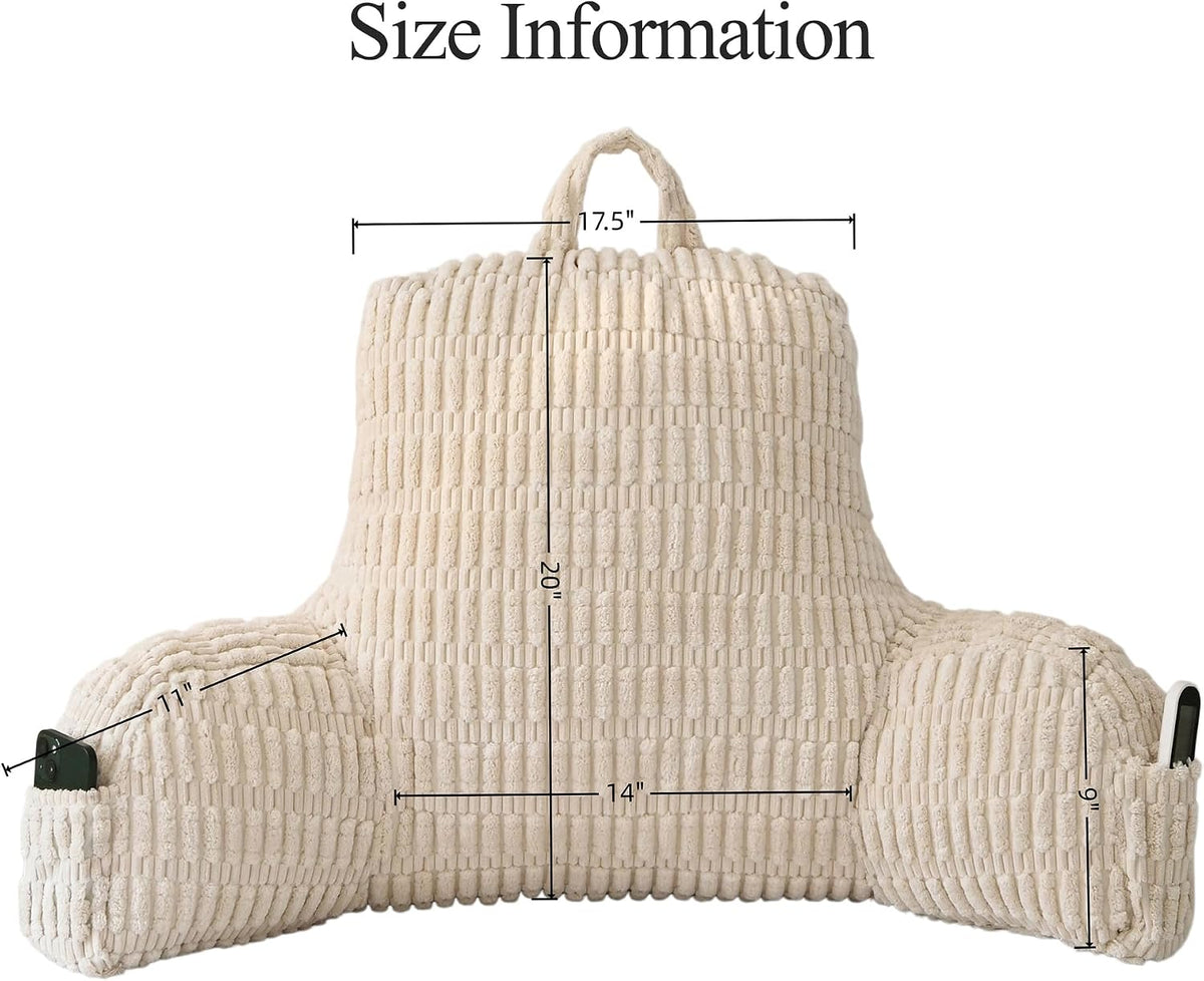 Faux Fur Reading Pillow for Sitting in Bed, Large Backrest Bed Pillow with Arms, Back Support Pillow for Lounging Bedrest, Beige