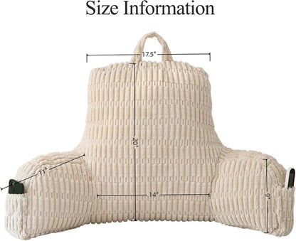 Faux Fur Reading Pillow for Sitting in Bed, Large Backrest Bed Pillow with Arms, Back Support Pillow for Lounging Bedrest, Beige