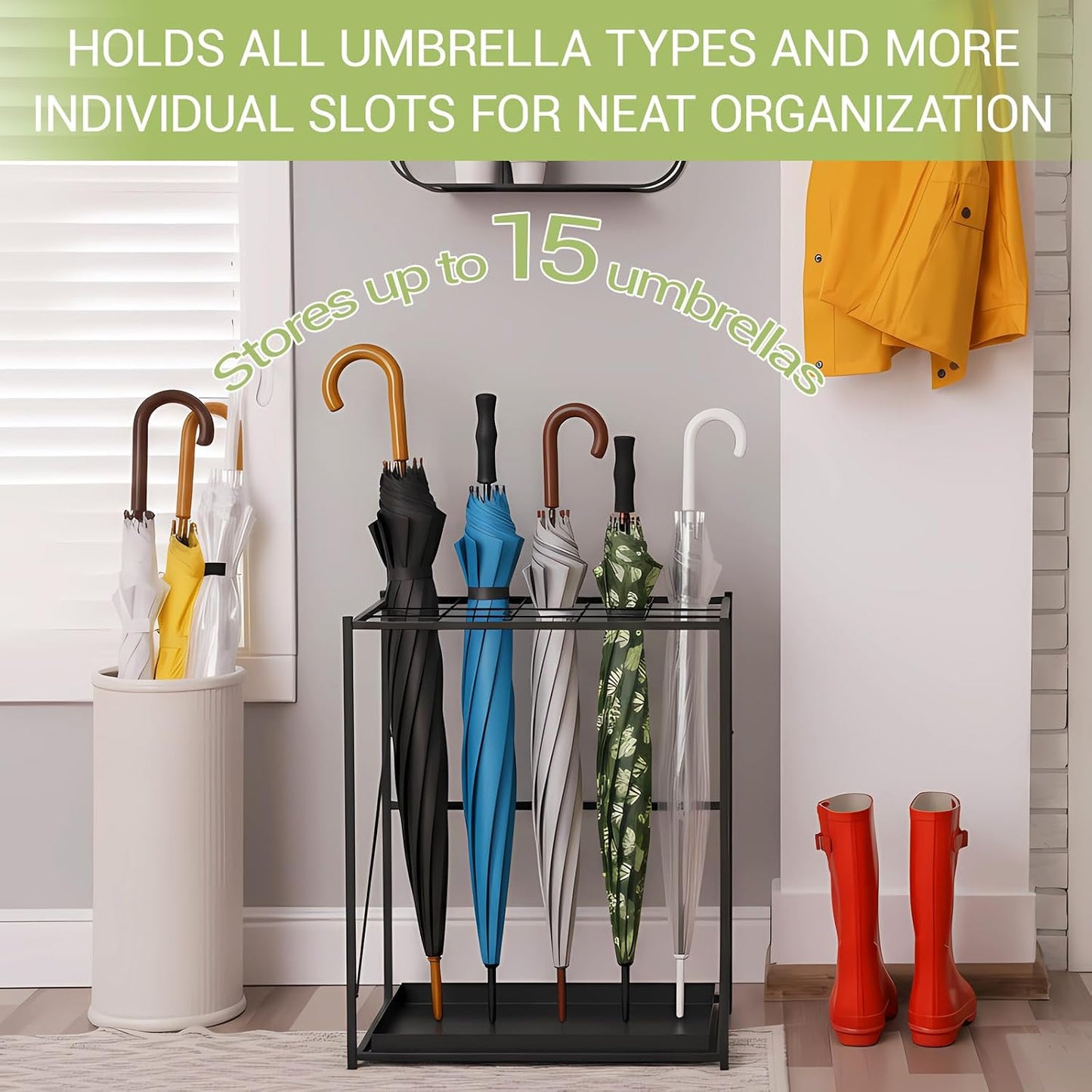 Colingmill Folding Umbrella Storage Stand Rack Holder Organizer Free Standing Umbrella Rack with Removable Drip Tray for Entryway Home Office Hotel Entry Hallway (L35.51 X W11.89 X H19.69 Inch)