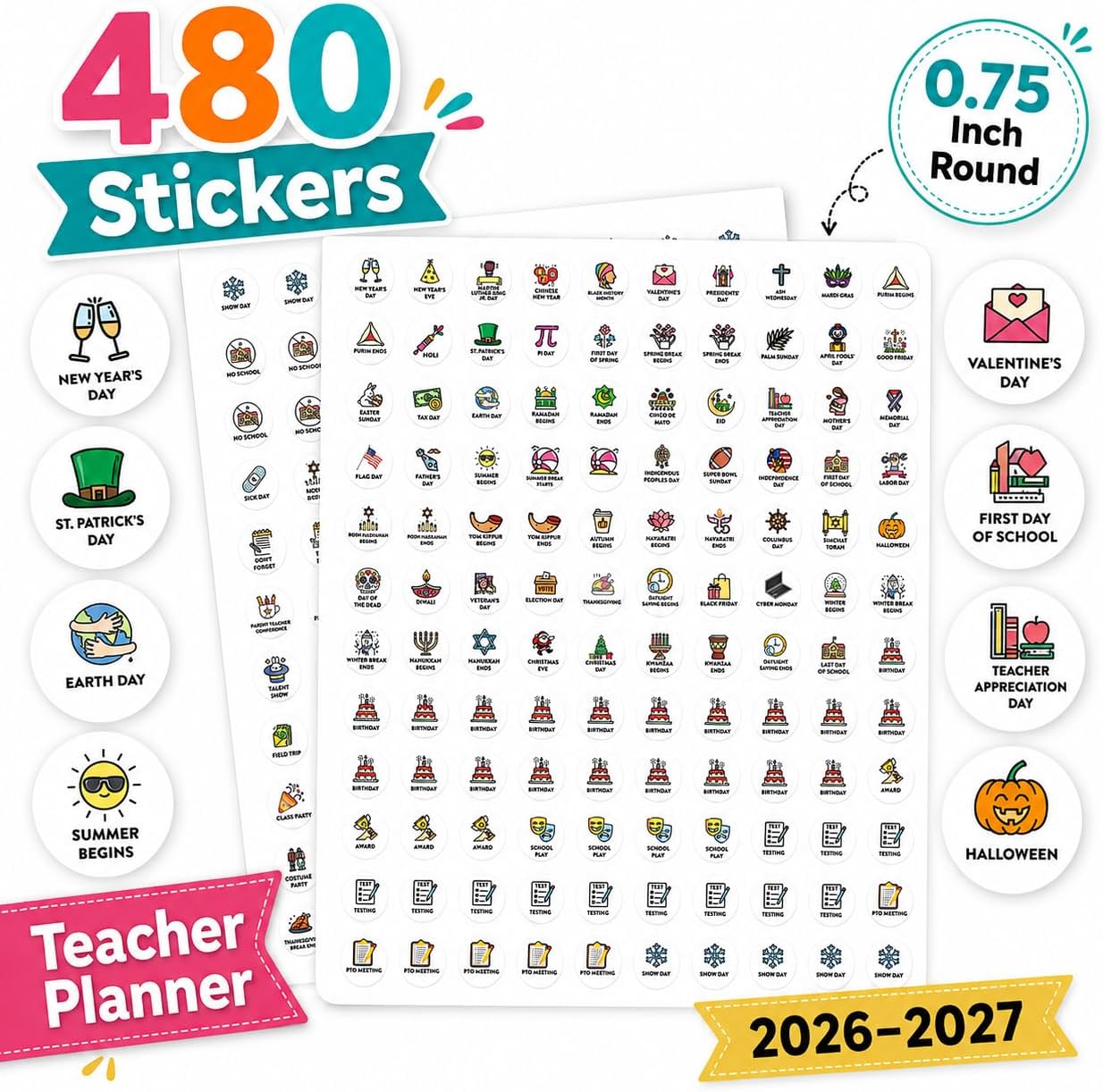Andaz Press Colorful 7 Days of Week Stickers, Day Week Calendar Stickers for Adults Planner Day Dots Food Labels for Food Containers Date Calendar Planner Stickers Week Day Sticker Labels, 480-Pack