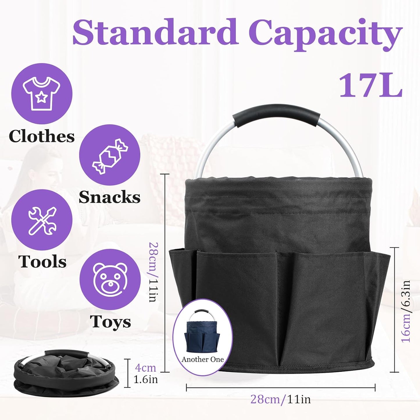 17L Cleaning Caddy with Handle and 6 Pockets, Foldable Cleaning Supply Caddy, Portable Shower Caddy in 600D Oxford Fabric, Multifunctional Storage Basket for Camping, Gardening, Black