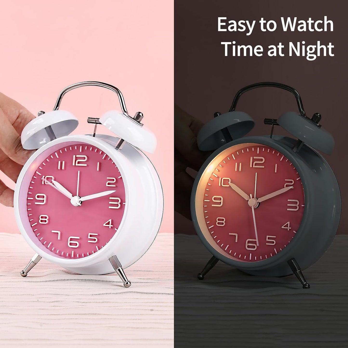 pxy Loud Alarm Clock for Heavy Sleepers 3D Dial Battery Operated (Battery Include), 4" Super Silent Analog Alarm Clock for Kids with Night Light PT260 Silver OrangePT505 Green White