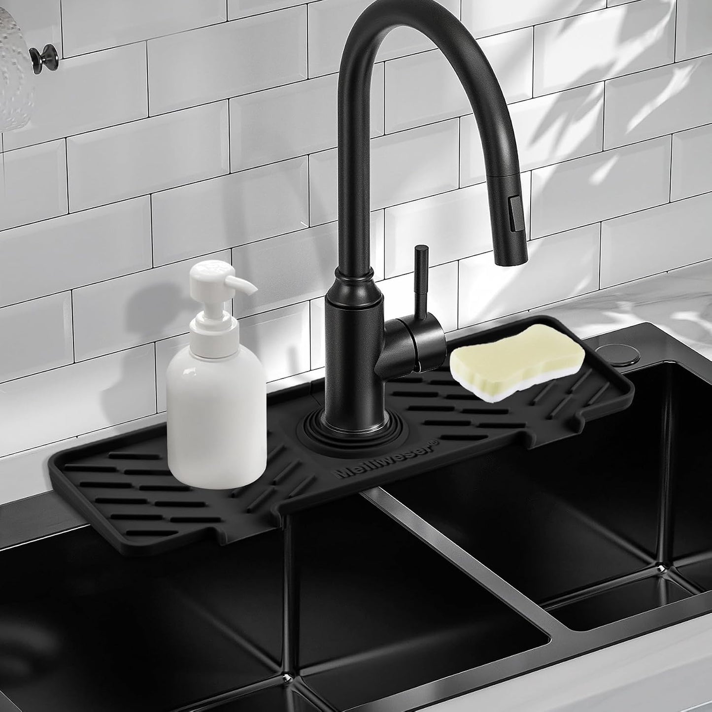 Silicone Faucet Mat for Kitchen Sink – Gen 2 Splash Guard with Upgraded Outlet & Slope – 18” x 5.1” Water Catcher & Sink Sponge Holder for Kitchen and Bathroom (Black)