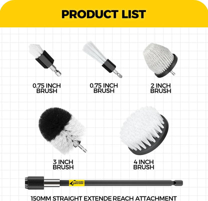 Holikme 7Pack Drill Brush Set with Extension for Car & Home Cleaning | 6 White Nylon Brushes, Power Scrubber Cleaning Kit for Deep Clean, Reaches Corners, Grout, Shower, Carpet, Kitchen