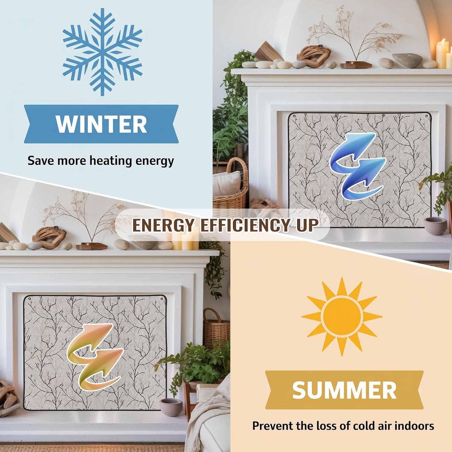 Magnetic Fireplace Cover White Vines Fireplace Screen Decorative Flowers Leaves Tree Branches Insulation Fireplace Blocker Blanket Save Energy Fireplace Draft Stopper Covers for Living Room 39x32 Inch