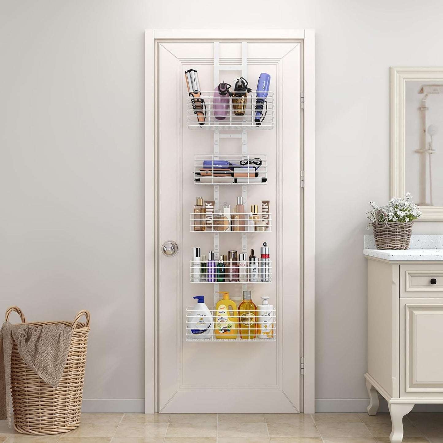 Yuyetuyo 7-Tier Over The Door Organizer, Shower Caddy Hanging &Wall Mounted Hair Tool Organizer/Hair Dryer Holder Adjustable, Behind Door Storage for Bathroom Bedroom Closet Cabinet Pantry Kitchen