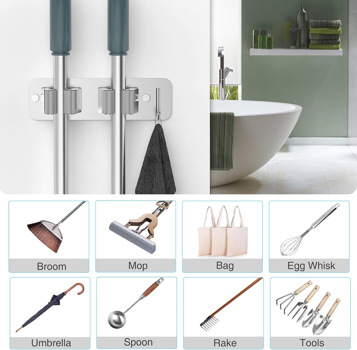 homeasy Wall Mount Mop and Broom Holder, Heavy Duty Stainless Steel Organizer Rack with Hooks | 2-Pack, 2-in-1 No Drill & Screw Installation, Silver