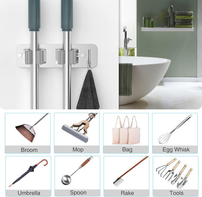 homeasy Wall Mount Mop and Broom Holder, Heavy Duty Stainless Steel Organizer Rack with Hooks | 2-Pack, 2-in-1 No Drill & Screw Installation, Silver