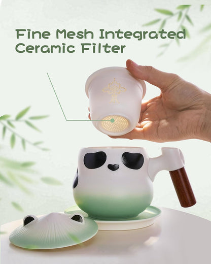 ZENS Tea Infuser Mug with Lid for Loose Leaf Tea Steeper, 11oz Panda | Embossed Ceramic Tea Infuser Mug with Fine Strainer for Herbal Tea Lovers Gifts, Nature Wood Handle