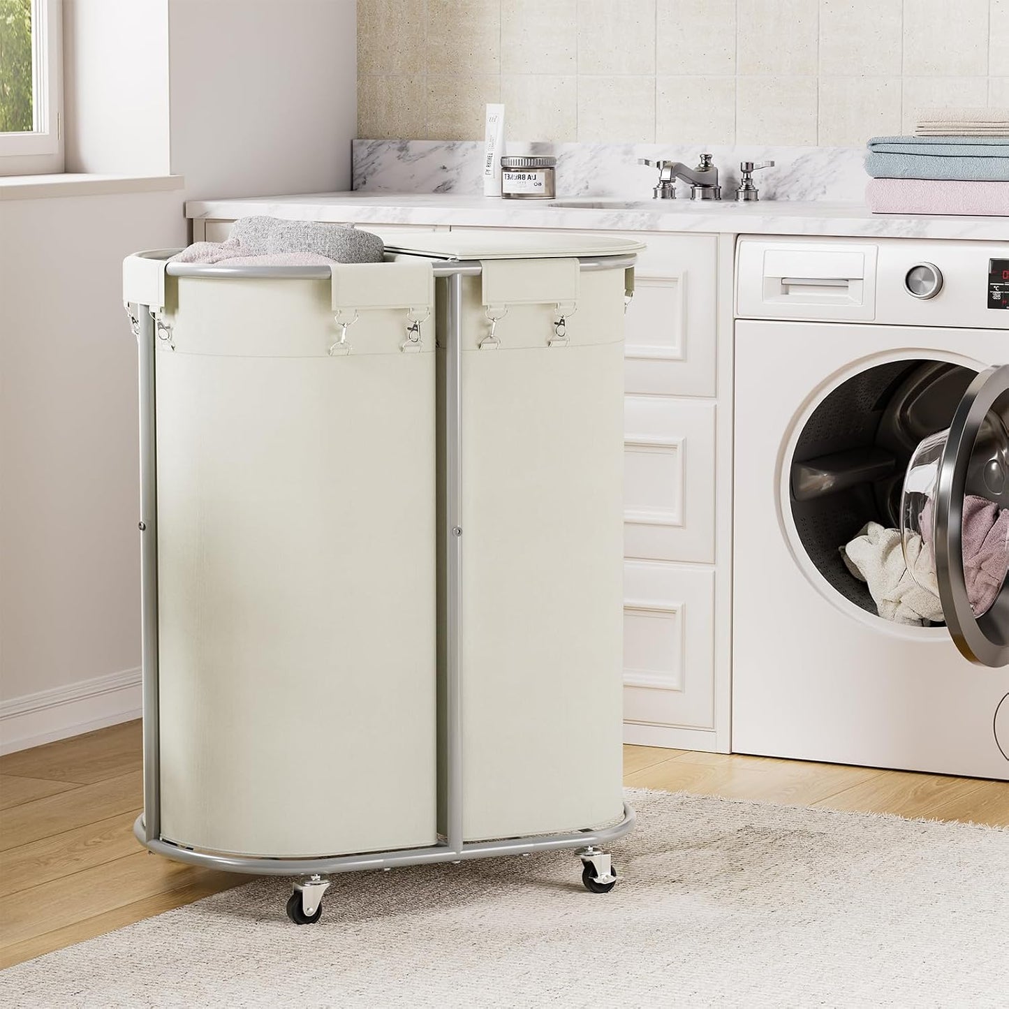 Laundry Hamper with Wheels and Lid, 100L Half Round Rolling Laundry Basket | Gasvadivum Sturdy Metal Frame Laundry Cart with Removable Bag, Dirty Clothes sorter Organizer for Bathroom, Bedroom, Black