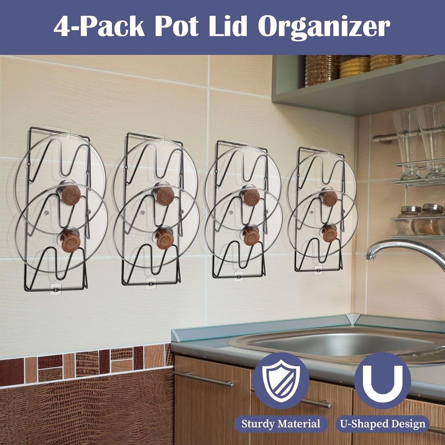 4-Pack Pot Lid Organizer – Heavy-Duty Metal Total 12 Tier Lid Rack for Cabinet, Wall, or Door, No-Drill Adhesive Mount – Space-Saving Kitchen Storage (Black)