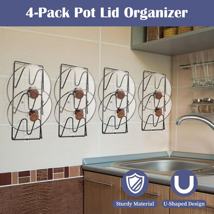 4-Pack Pot Lid Organizer – Heavy-Duty Metal Total 12 Tier Lid Rack for Cabinet, Wall, or Door, No-Drill Adhesive Mount – Space-Saving Kitchen Storage (Black)