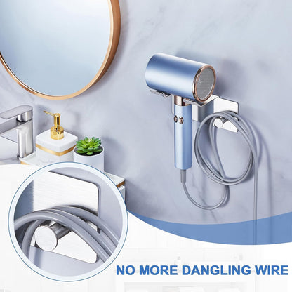Hair Dryer Holder Wall Mounted, Blow Dryer Holder Adhesive, Metal Hairdryer Holder for Bathroom, Hair Tool Organizer with Plug&Cord for Cabinet Bathroom Bedroom Barber Shops (Rose Gold)