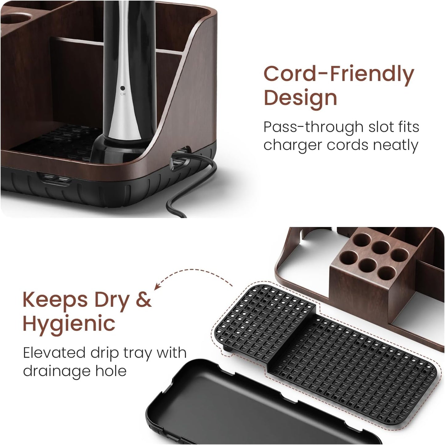 Boperzi Electric Toothbrush Holders with Cord Slots: Detachable Toothbrush and Toothpaste Holders, Large Tooth Brush Storage Caddy Set Drainage, Anti-Slip Bathroom Counter Organizer for Family, Kids