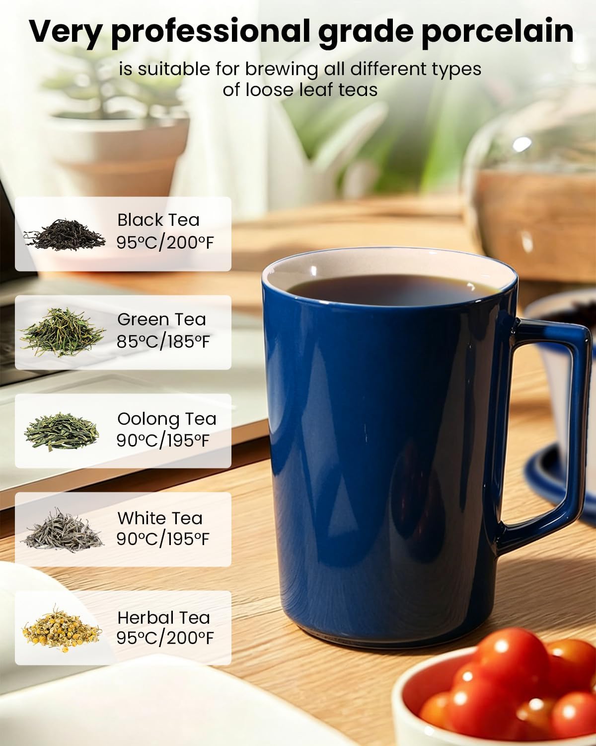 15 oz Ceramic Tea Infuser Cup with Lid - Tea Mug with All Porcelain Strainer for Loose Leaf Teas,Microwave and Dishwasher Safe,Metal-Free,BPA-Free for Tea Lovers/Birthday (Black)