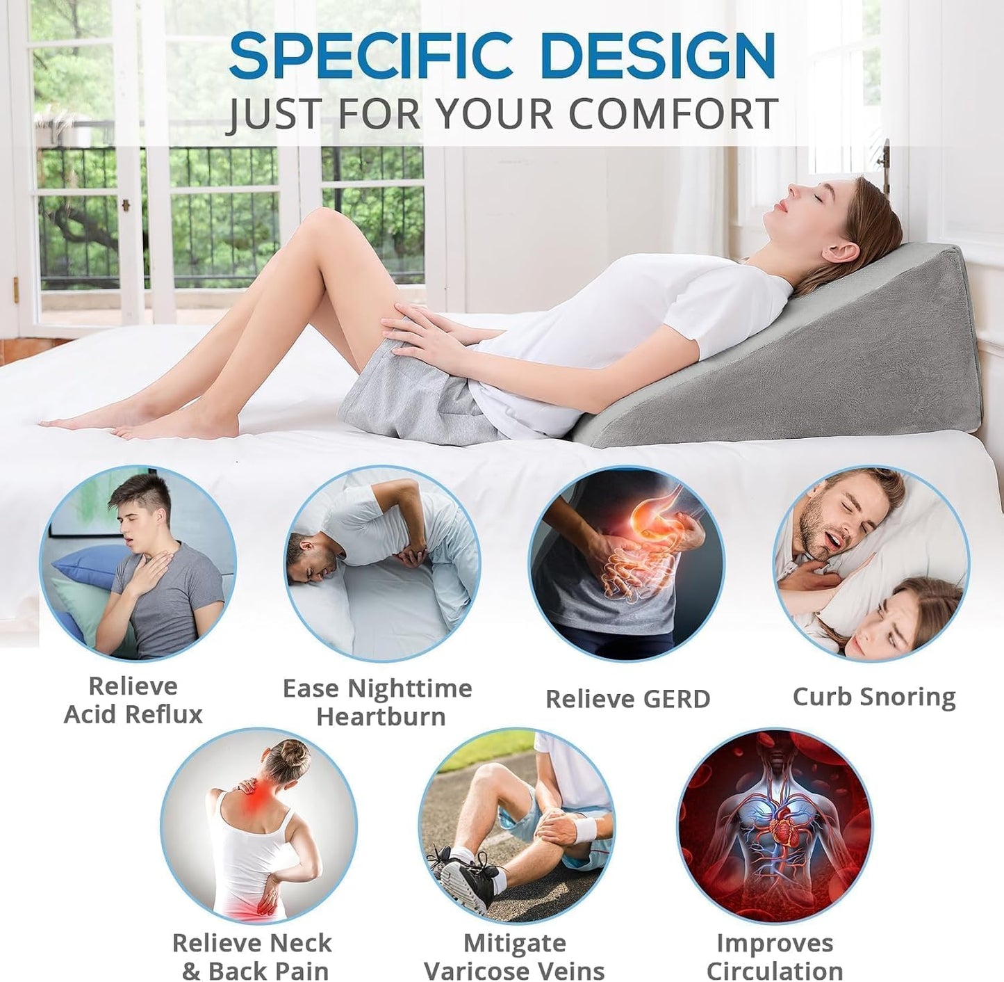 Sasttie Wedge Pillow 24x24x12 inch, Memory Foam Bed Wedge, Cool Grey | Triangle Pillow for Sleeping, Acid Reflux, Back Pain, Post-Surgery, and Snoring, Designed with Removable Washable Cover