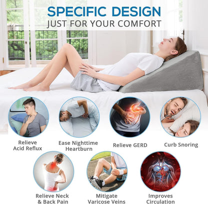Sasttie Wedge Pillow 24x24x12 inch, Memory Foam Bed Wedge, Cool Grey | Triangle Pillow for Sleeping, Acid Reflux, Back Pain, Post-Surgery, and Snoring, Designed with Removable Washable Cover