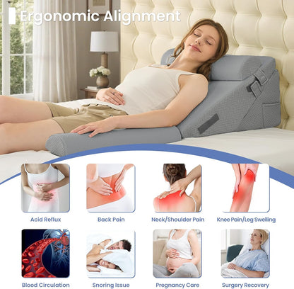 Sasttie Adjustable Wedge Pillow Set for After Surgery, Dark Grey & White | Bed Wedge Pillow Headboard with Memory Foam Neck Cushion, for Acid Reflux, Sleeping, Neck & Back Support