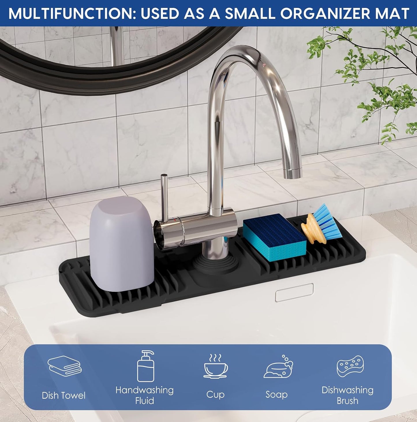 24-Inch Silicone Faucet Mat for Kitchen Sink Splash Guard, 7° Slope | 24"x5.5" water draining mat with fasten button; 1.6-2.75" customizable hole for bathroom, RV & kitchen sink drip catcher.
