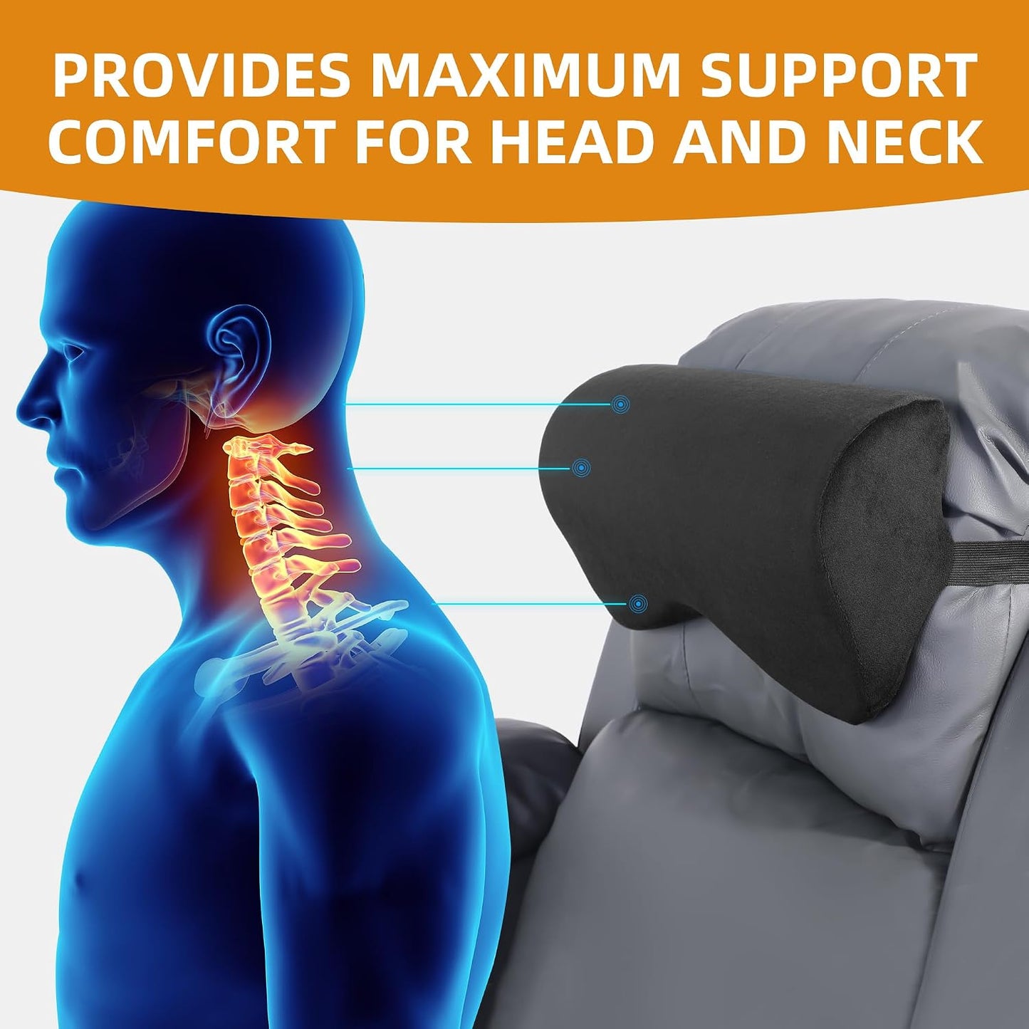 HOMBYS Cervial Neck Pillow for Recliner, Foam Headrest Cushion for Sleeping, Medium Firm Neck Support for Couch, Office Chair and Car, Non-Slip Backing and Elastic Straps, Dark Grey