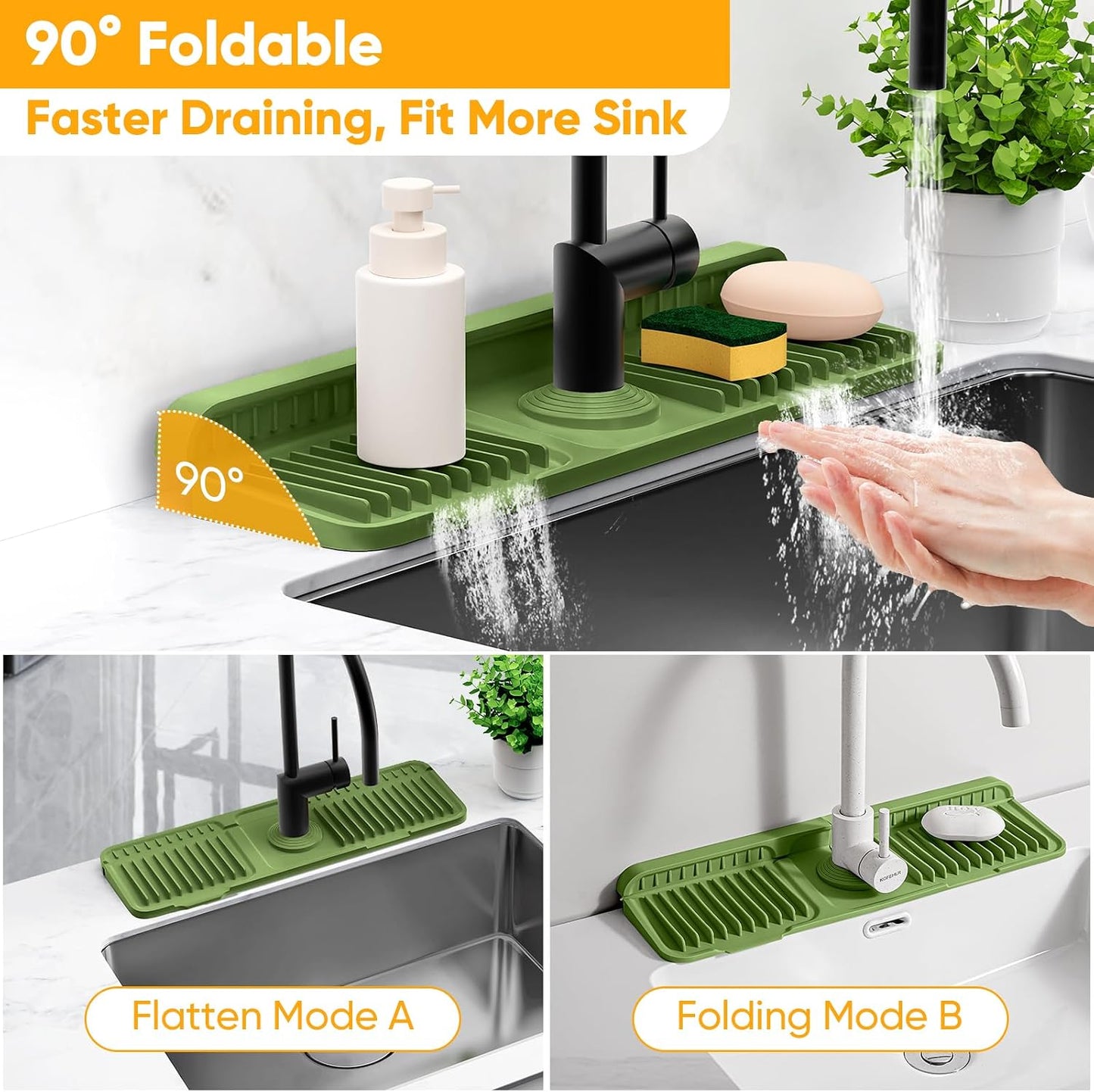 24'' Longer Faucet Mat for Kitchen Sink Splash Guard[7° Slope Fast Self-draining][Snap Lock Fit]Kitchen Sink Faucet Mat Splash Guard Kitchen Sink Area Water Splash Guard Behind Faucet Draining Mat