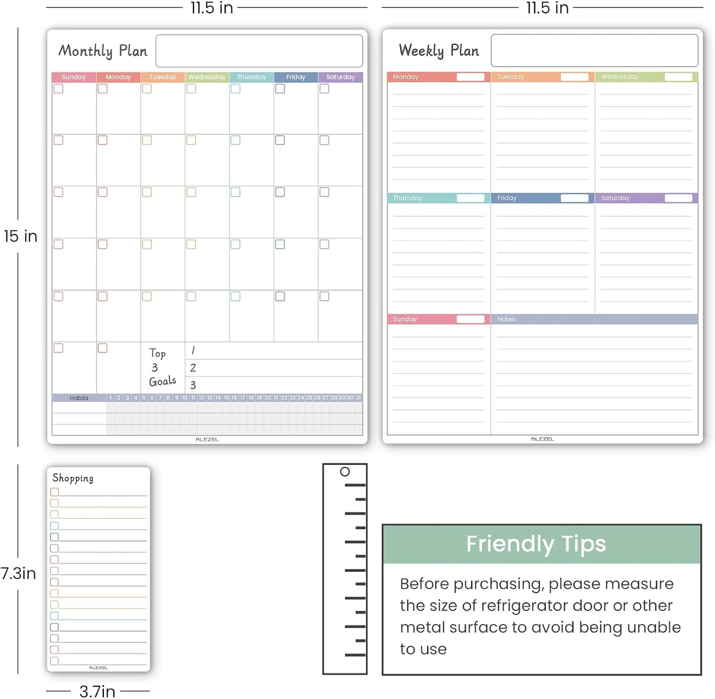 ALEZEL Magnetic Fridge Calendar Whiteboard, Dry Erase Refrigerator Calendar | Includes Magnetic Dry Erase Monthly & Weekly Planner for Fridge, Grocery List White Board, 3 Markers + Eraser