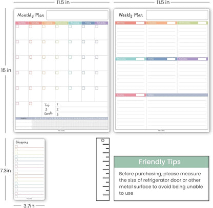 ALEZEL Magnetic Fridge Calendar Whiteboard, Dry Erase Refrigerator Calendar | Includes Magnetic Dry Erase Monthly & Weekly Planner for Fridge, Grocery List White Board, 3 Markers + Eraser