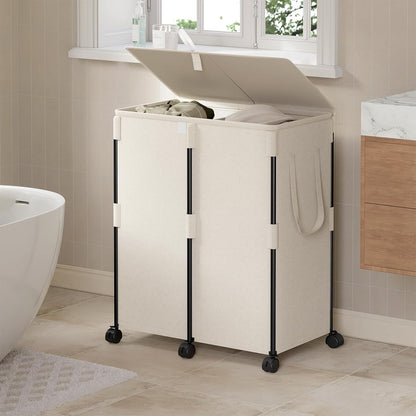 140L Double Laundry Hamper with Lid and 6 Wheels, Rolling Laundry Basket | Gasvadivum Metal Frame Laundry Sorter 2 Section with 2 Removable Bags, Large Clothes Cart for Bedroom, Bathroom, Black