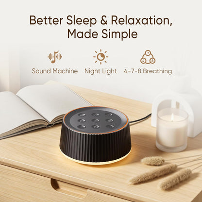 Noise Machine, White Noise Sound Machine for Baby & Adults, 26 Soothing Sounds, 8 Night Light Colors, Tap Control, 6 Timer Settings, Auto-Off & Memory, 4-7-8 Breathing (Black, Standar)