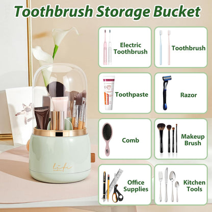 360 Rotating Toothbrush Holders for Bathrooms, 7-Slot Toothbrush Holder with Cover & Drainage, Bathroom Countertop Organizer for Electric Toothbrushes, Toothpaste & Makeup Brushes