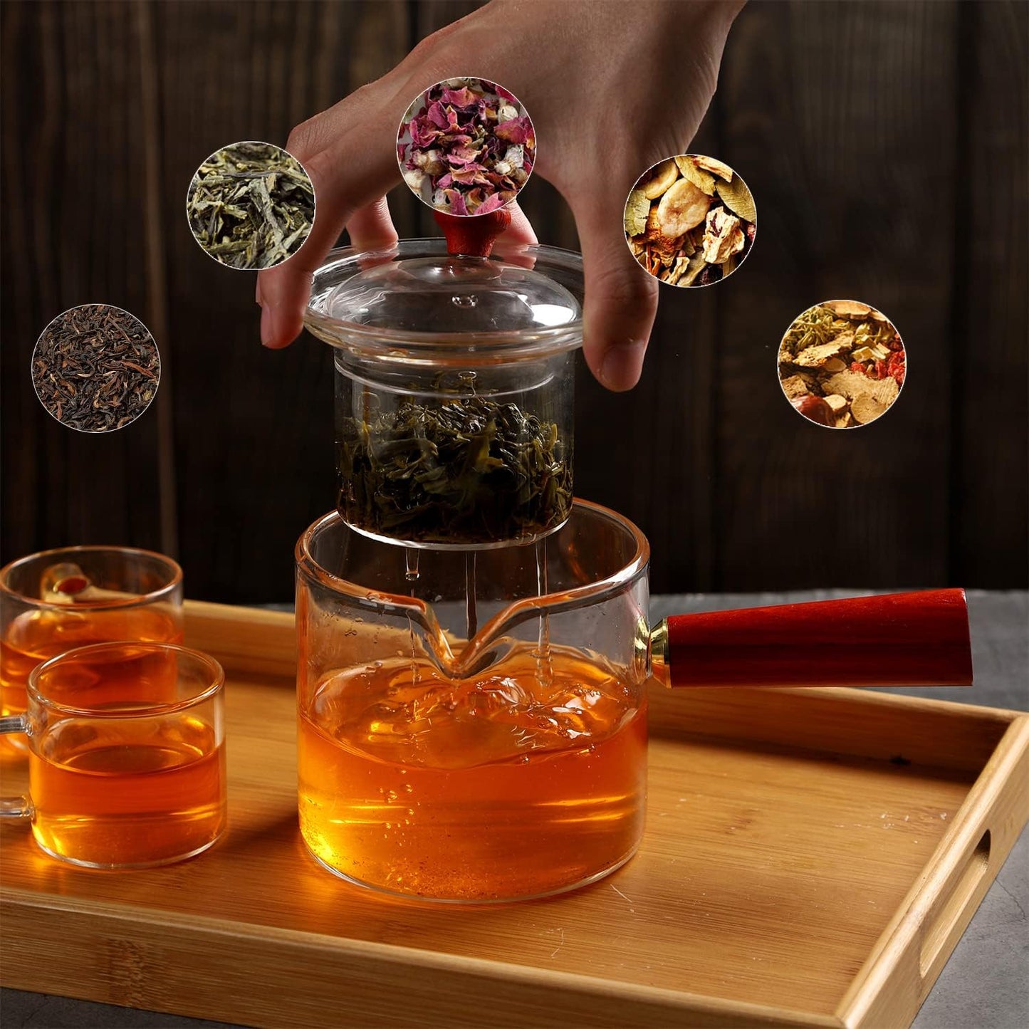 WHJY Glass Teapot with Infuser for Loose Tea, Small Clear Magic Tea Kettle for Stove Top, Clear Japanese Tea Kettle with Wooden Handle Kyusu Teapot - 17oz