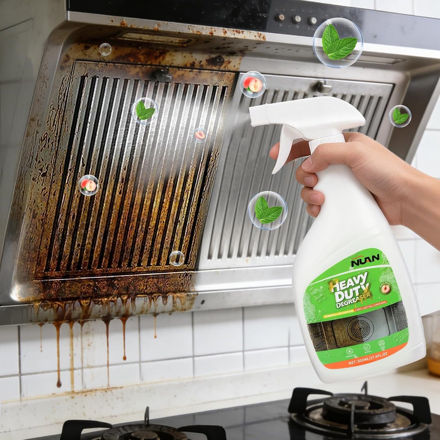 NUAN 2 Pack Kitchen Degreaser Cleaner, 500 ml Heavy Duty Grease Remover Spray for Stove, Range Hood, Cooktop & Kitchen Surface