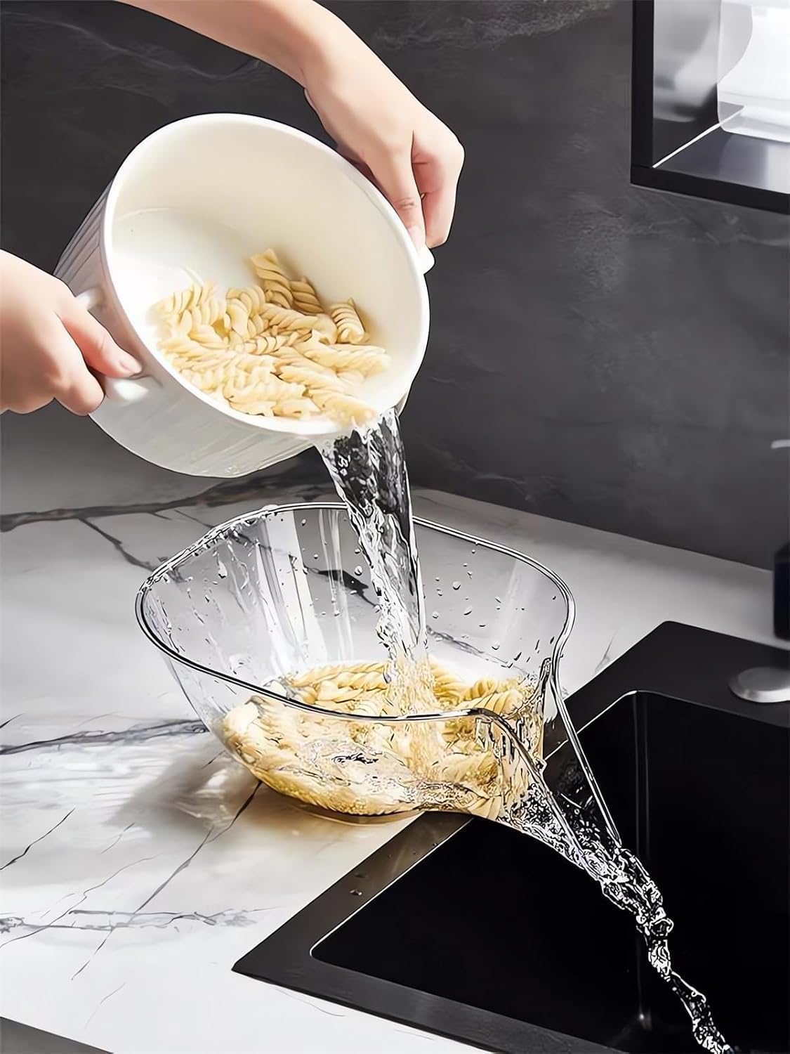 Multi-functional Drain Basket - 2024 New Fruit Cleaning Bowl with Strainer Container, Kitchen Sink Food Catcher Drainer Rinser Vegetable Washing Filter over the Colander (1PC, Clear)