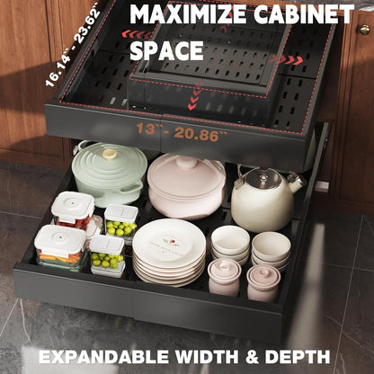 Seinloes Pull Out Cabinet Organizer,4-Side Expandable to Maximize Cabinet Space,Slide Out Drawers with 3 Rail Design,Roll Out Shelf with Raising Pad for Framed Cabinet,13"-21"W x 17"-24"D,White,2 Pack