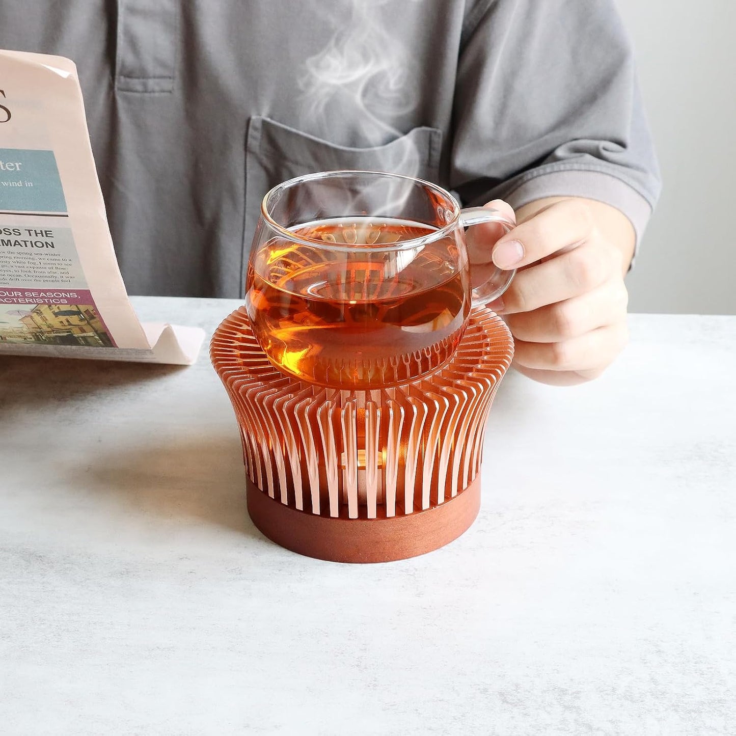 Tea Warmer, Aluminum Alloy & Wood, for Heating Tea Coffee Milk | Magnolia Flower Design, Golden, Short Teapot Warmer for Indoor & Outdoor
