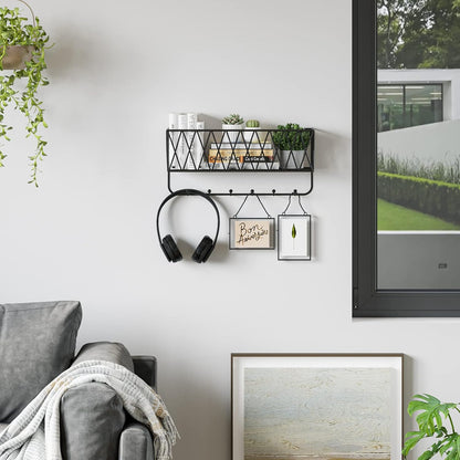 OROPY Entryway Mail Holder with Key Hooks, 14" L×4.7" W×6.5" H, Wall Mounted Matte Black Metal Wire Mesh Storage Basket with 6 Hooks, easy to Organize Letters, Magazines, Keys, Leashes for Entryway