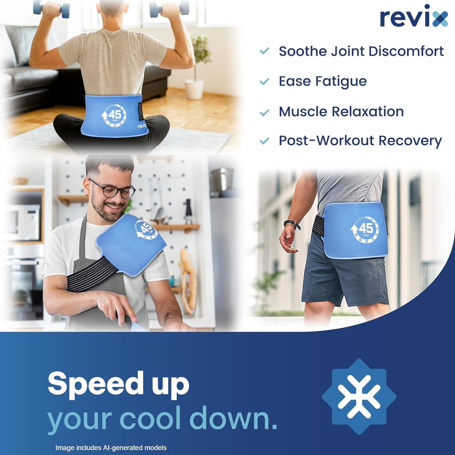 REVIX Ice Pack for Injuries Reusable, 14 × 7" Gel Cold Compress with Strap | 45-Min Long-Lasting Gel Cold Pack for Knee, Shoulder, Lower Back, Leg, Flexible Ice Wrap, Universal Use for Arm, Hip