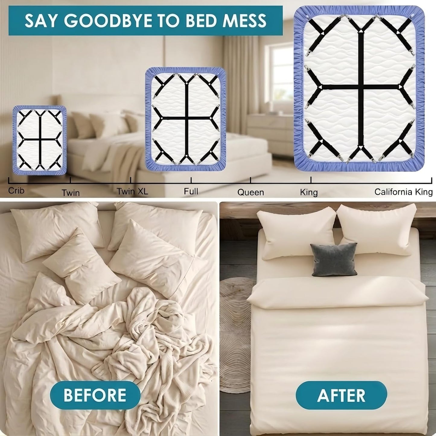 2 Pack Bed Sheet Straps Adjustable Criss - Cross Sheet Holders for Corners Heavy Duty Bed Sheet Clips Fasteners Keep Sheets in Place on Mattress Black
