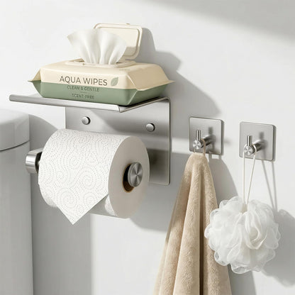 Tindbea Toilet Paper Holder Wall Mount + Towel Robe Hooks, Adhesive or Screw Wall Mounted Toilet Paper Roll Holder with Shelf, Stainless Steel Bathroom Organizers and Storage Kit (Brushed Gold)